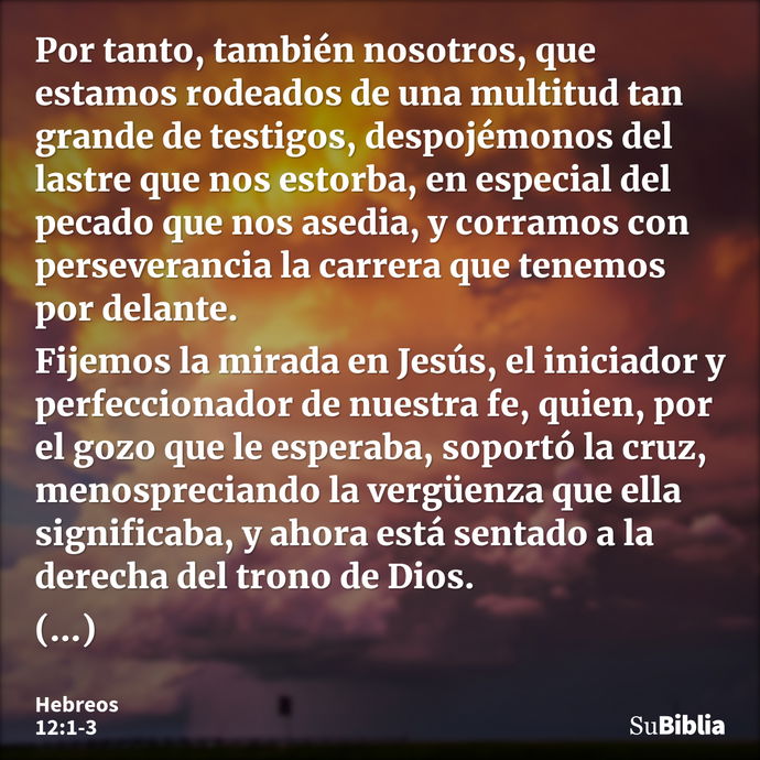 Por tanto, también nosotros, que estamos rodeados de una multitud tan grande de testigos, despojémonos del lastre que nos estorba, en especial del pecado que no... --- Hebreos 12:1