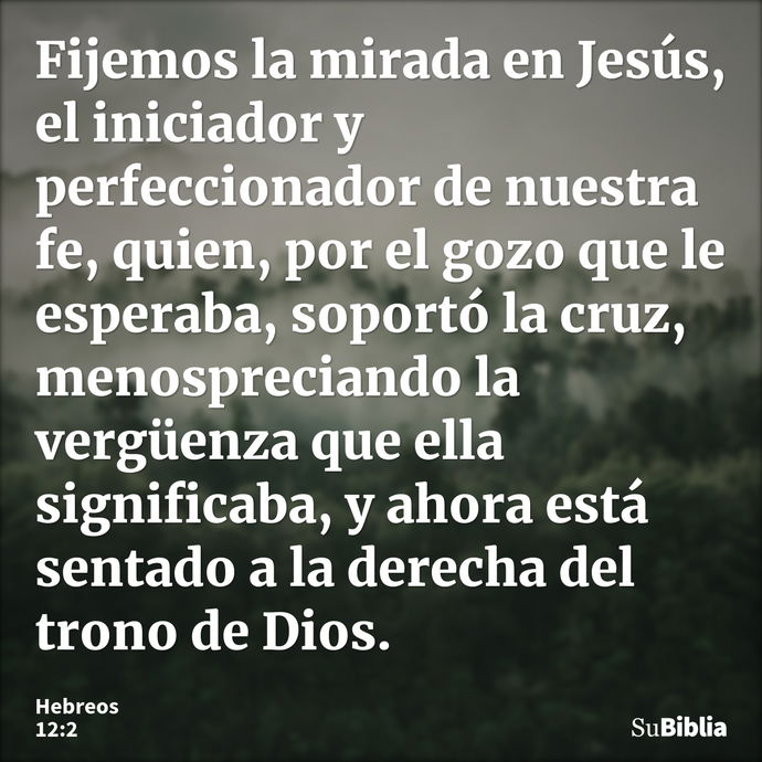 Fijemos la mirada en Jesús, el iniciador y perfeccionador de nuestra fe, quien, por el gozo que le esperaba, soportó la cruz, menospreciando la vergüenza que el... --- Hebreos 12:2