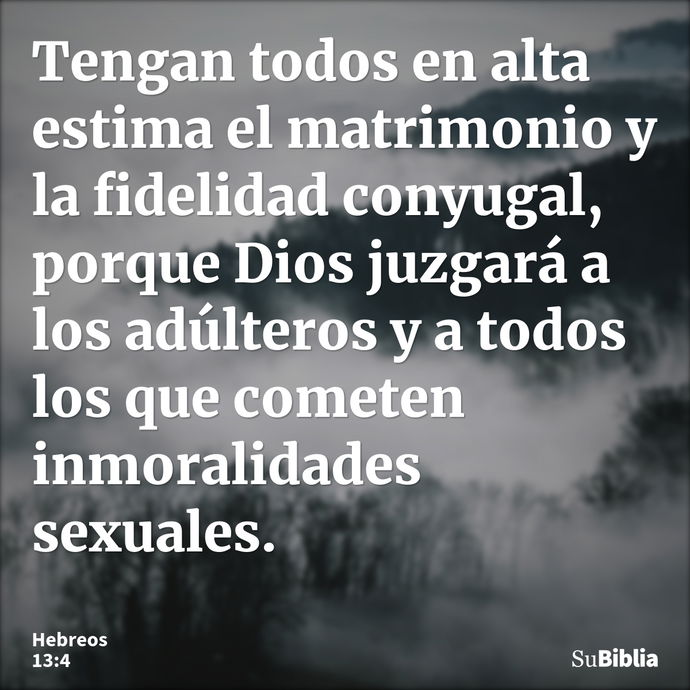 Tengan todos en alta estima el matrimonio y la fidelidad conyugal, porque Dios juzgará a los adúlteros y a todos los que cometen inmoralidades sexuales. --- Hebreos 13:4