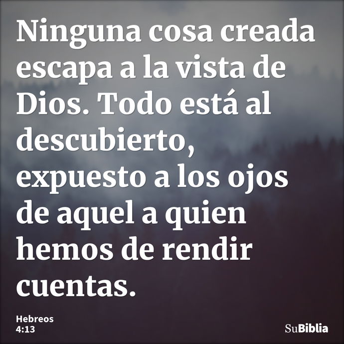 Ninguna cosa creada escapa a la vista de Dios. Todo está al descubierto, expuesto a los ojos de aquel a quien hemos de rendir cuentas. --- Hebreos 4:13