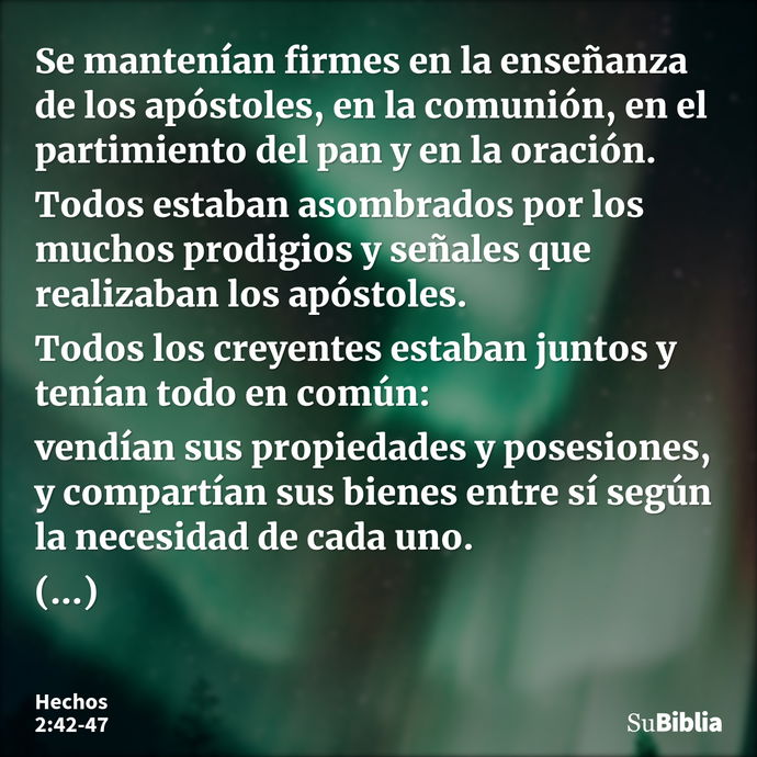 Se mantenían firmes en la enseñanza de los apóstoles, en la comunión, en el partimiento del pan y en la oración. Todos estaban asombrados por los muchos prodigi... --- Hechos 2:42