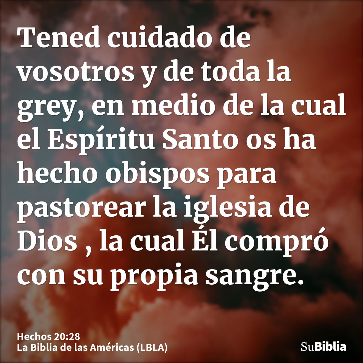 Tened cuidado de vosotros y de toda la grey, en medio de la cual el Espíritu Santo os ha hecho obispos para pastorear la iglesia de Dios , la cual Él compró con...