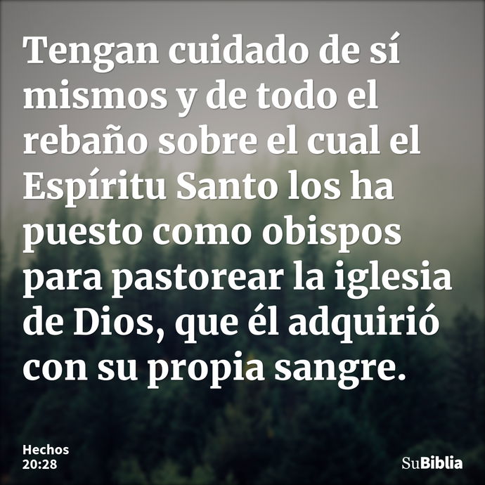 Tengan cuidado de sí mismos y de todo el rebaño sobre el cual el Espíritu Santo los ha puesto como obispos para pastorear la iglesia de Dios, que él adquirió co... --- Hechos 20:28