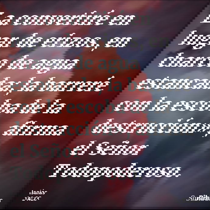 La convertiré en lugar de erizos, en charco de agua estancada; la barreré con la escoba de la destrucción», afirma el Señor Todopoderoso. --- Isaías 14:23