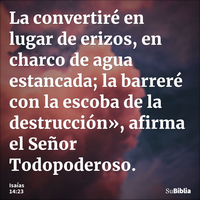 La convertiré en lugar de erizos, en charco de agua estancada; la barreré con la escoba de la destrucción», afirma el Señor Todopoderoso. --- Isaías 14:23