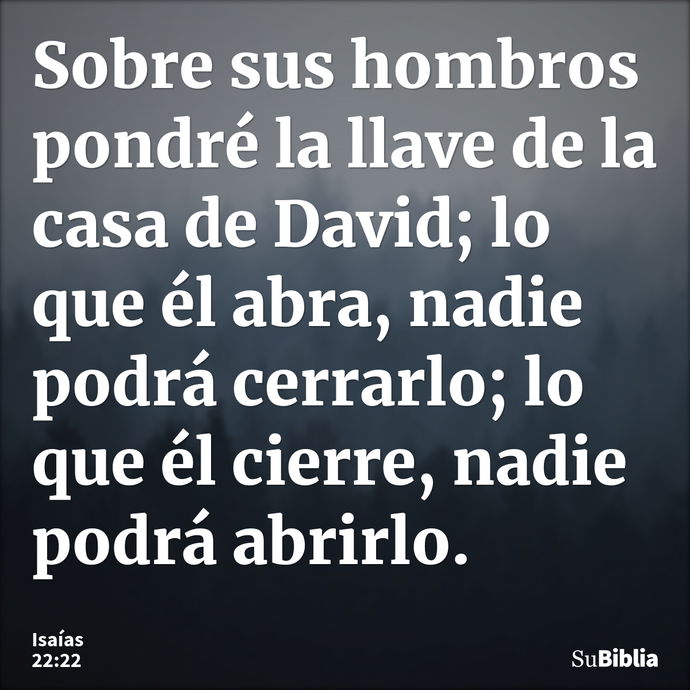 Sobre sus hombros pondré la llave de la casa de David; lo que él abra, nadie podrá cerrarlo; lo que él cierre, nadie podrá abrirlo. --- Isaías 22:22