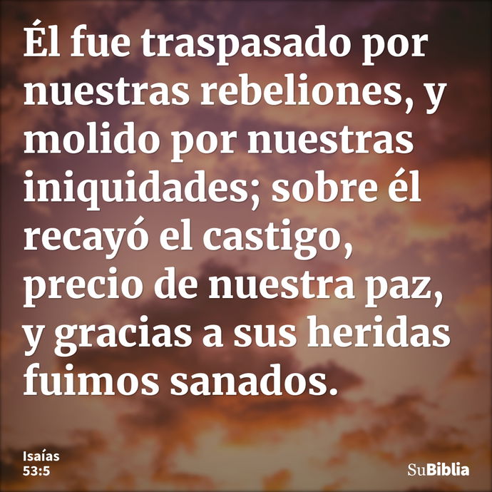 Él fue traspasado por nuestras rebeliones, y molido por nuestras iniquidades; sobre él recayó el castigo, precio de nuestra paz, y gracias a sus heridas fuimos... --- Isaías 53:5