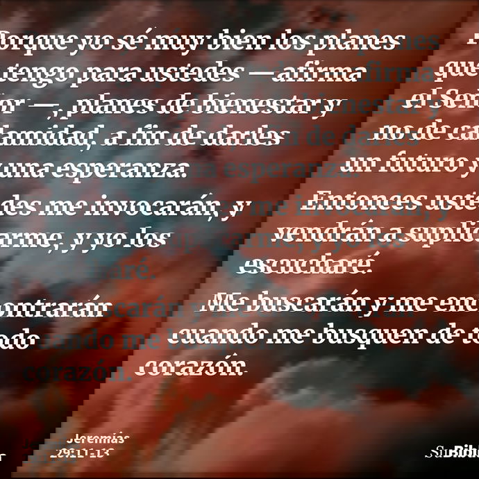 Porque yo sé muy bien los planes que tengo para ustedes —afirma el Señor —, planes de bienestar y no de calamidad, a fin de darles un futuro y una esperanza. En... --- Jeremías 29:11