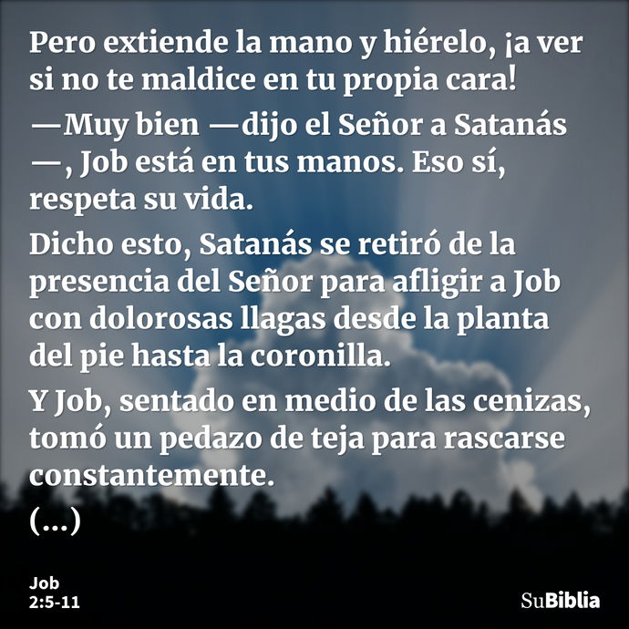 Pero extiende la mano y hiérelo, ¡a ver si no te maldice en tu propia cara! —Muy bien —dijo el Señor a Satanás—, Job está en tus manos. Eso sí, respeta su vida... --- Job 2:5