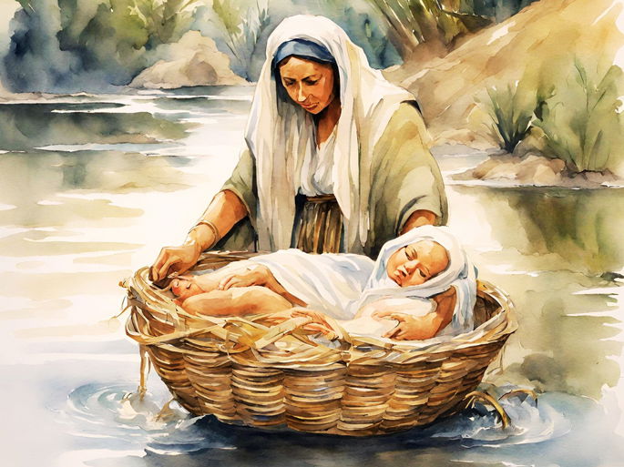 Moisés en el río Nilo, colocado en una canasta.