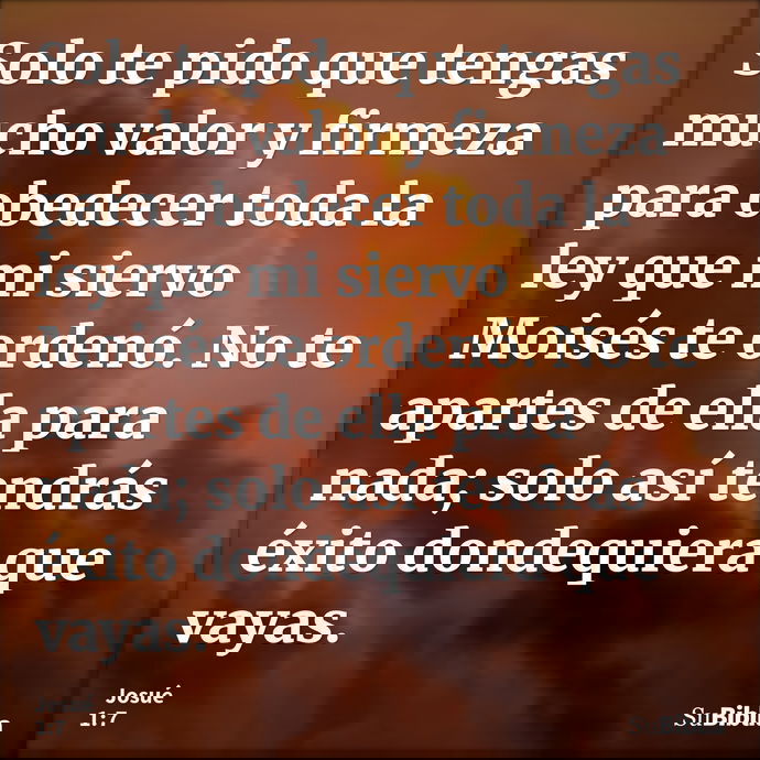 Solo te pido que tengas mucho valor y firmeza para obedecer toda la ley que mi siervo Moisés te ordenó. No te apartes de ella para nada; solo así tendrás éxito... --- Josué 1:7