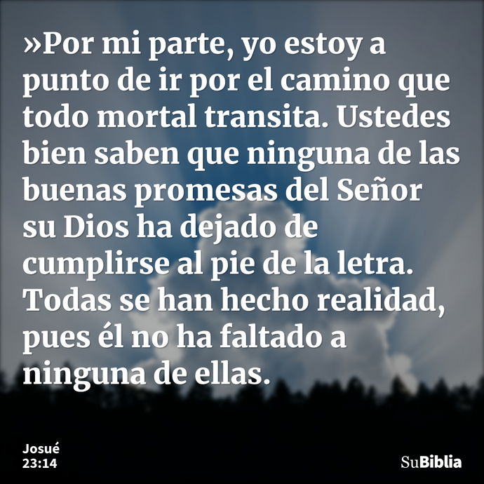 »Por mi parte, yo estoy a punto de ir por el camino que todo mortal transita. Ustedes bien saben que ninguna de las buenas promesas del Señor su Dios ha dejado... --- Josué 23:14