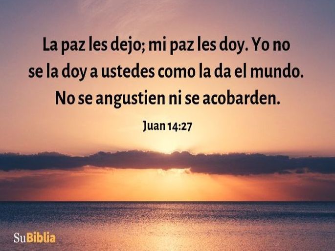 La paz les dejo; mi paz les doy. Yo no se la doy a ustedes como la da el mundo. No se angustien ni se acobarden. (Juan 14:27)