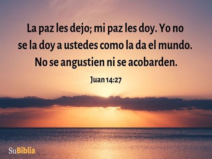 La paz les dejo; mi paz les doy. Yo no se la doy a ustedes como la da el mundo. No se angustien ni se acobarden. (Juan 14:27)
