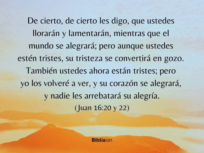 De cierto, de cierto les digo, que ustedes llorarán y lamentarán, mientras que el mundo se alegrará; pero aunque ustedes estén tristes, su tristeza se convertirá en gozo.  (Juan 16:20) También ustedes ahora están tristes; pero yo los volveré a ver, y su corazón se alegrará, y nadie les arrebatará su alegría. (Juan 16:22)