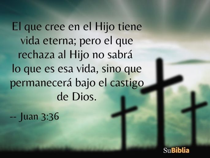 El que cree en el Hijo tiene vida eterna; pero el que rechaza al Hijo no sabrá lo que es esa vida, sino que permanecerá bajo el castigo de Dios. (Juan 3:36)
