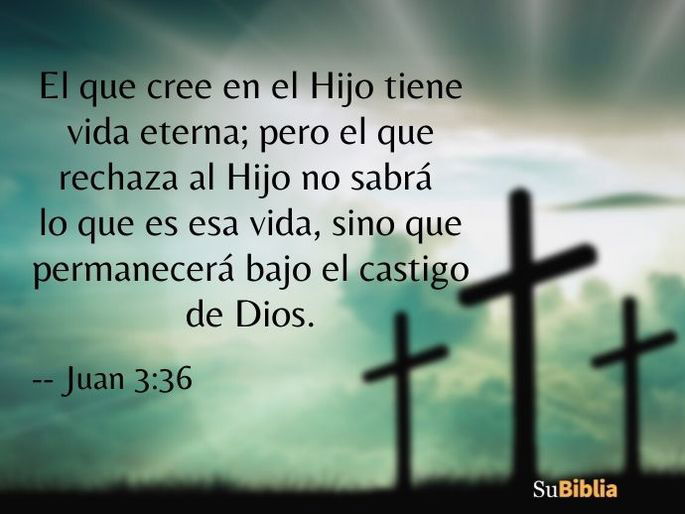 El que cree en el Hijo tiene vida eterna; pero el que rechaza al Hijo no sabrá lo que es esa vida, sino que permanecerá bajo el castigo de Dios. (Juan 3:36)