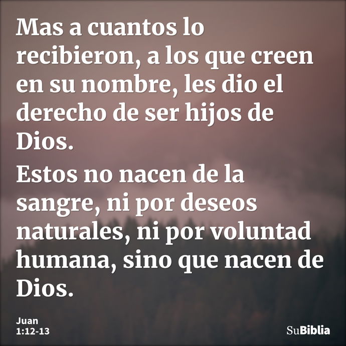 Mas a cuantos lo recibieron, a los que creen en su nombre, les dio el derecho de ser hijos de Dios. Estos no nacen de la sangre, ni por deseos naturales, ni por... --- Juan 1:12