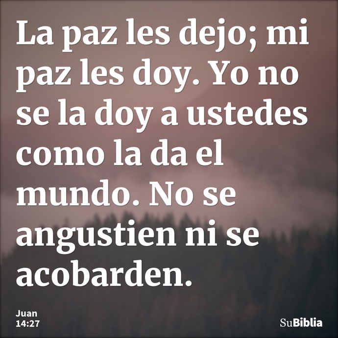 La paz les dejo; mi paz les doy. Yo no se la doy a ustedes como la da el mundo. No se angustien ni se acobarden. --- Juan 14:27