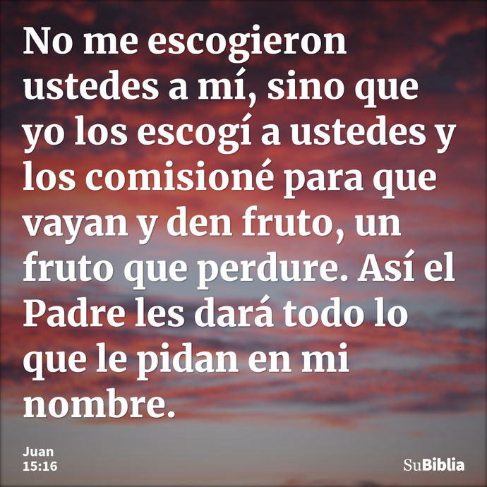 No me escogieron ustedes a mí, sino que yo los escogí a ustedes y los comisioné para que vayan y den fruto, un fruto que perdure. Así el Padre les dará todo lo... --- Juan 15:16