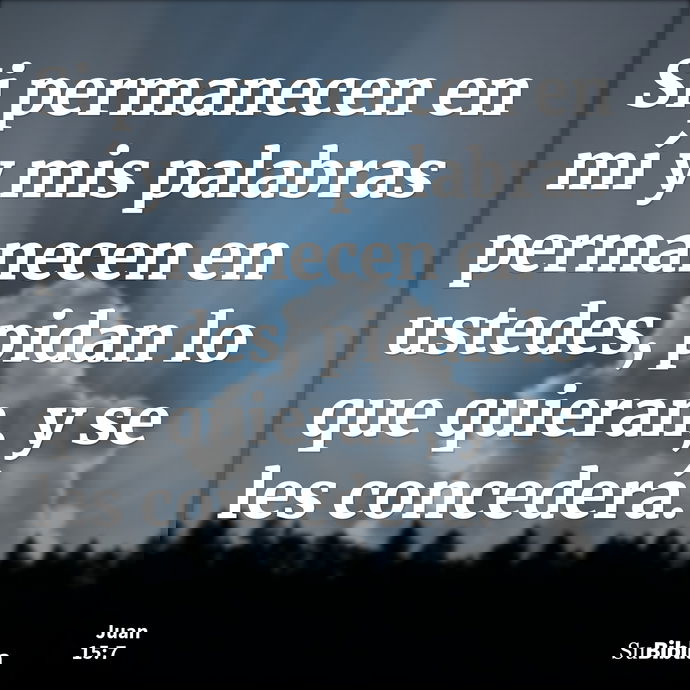 Si permanecen en mí y mis palabras permanecen en ustedes, pidan lo que quieran, y se les concederá. --- Juan 15:7