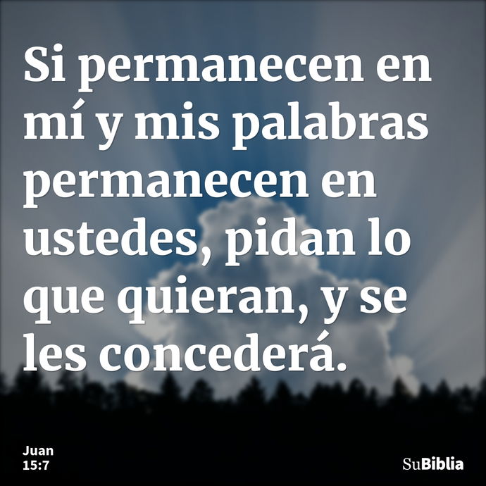 Si permanecen en mí y mis palabras permanecen en ustedes, pidan lo que quieran, y se les concederá. --- Juan 15:7