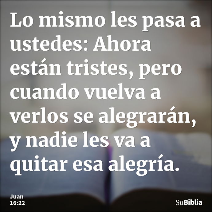 Lo mismo les pasa a ustedes: Ahora están tristes, pero cuando vuelva a verlos se alegrarán, y nadie les va a quitar esa alegría. --- Juan 16:22