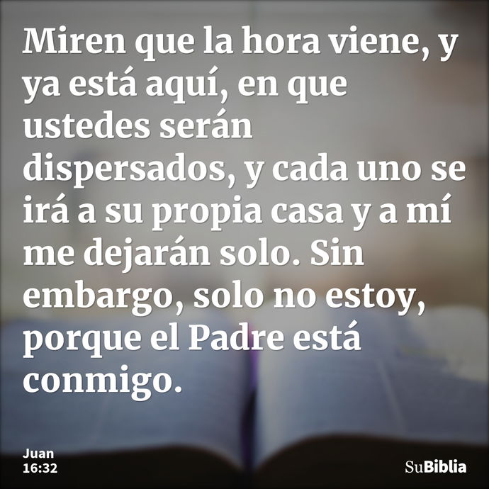 S. Juan 16:32-33 He aquí la hora viene, y ha venido ya, en que seréis  esparcidos cada uno por su lado, y me dejaréis solo; mas no estoy solo,  porque el Padre