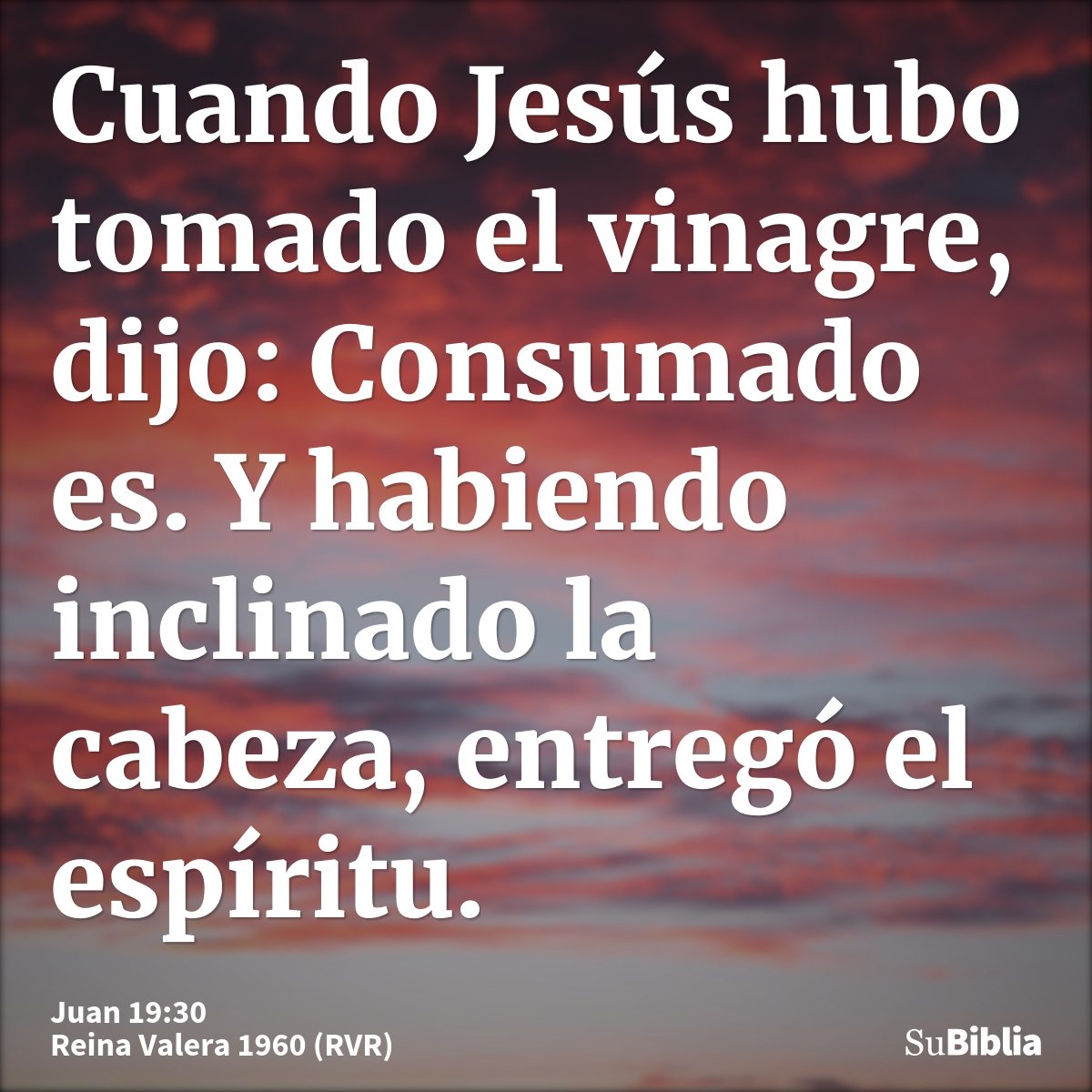Cuando Jesús hubo tomado el vinagre, dijo: Consumado es. Y habiendo inclinado la cabeza, entregó el espíritu.