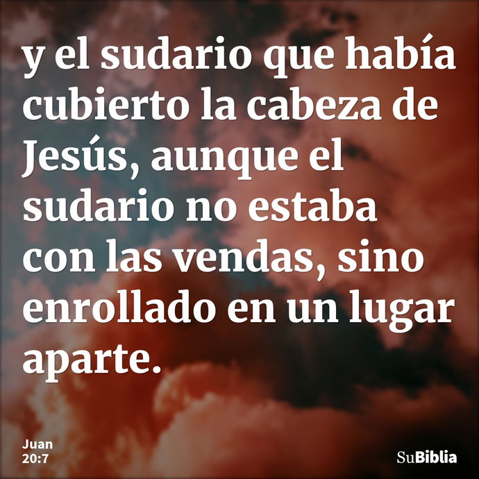 y el sudario que había cubierto la cabeza de Jesús, aunque el sudario no estaba con las vendas, sino enrollado en un lugar aparte. --- Juan 20:7