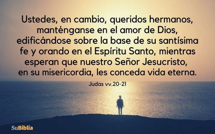 Ustedes, en cambio, queridos hermanos, manténganse en el amor de Dios, edificándose sobre la base de su santísima fe y orando en el Espíritu Santo, mientras esperan que nuestro Señor Jesucristo, en su misericordia, les conceda vida eterna.(Judas vv.20-21)