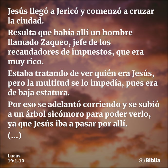 Jesús llegó a Jericó y comenzó a cruzar la ciudad. Resulta que había allí un hombre llamado Zaqueo, jefe de los recaudadores de impuestos, que era muy rico. Est... --- Lucas 19:1