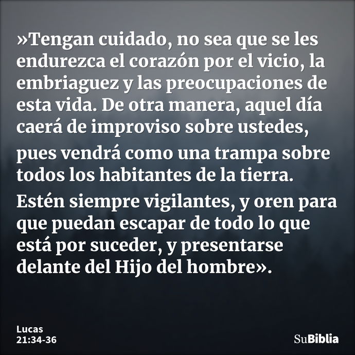 »Tengan cuidado, no sea que se les endurezca el corazón por el vicio, la embriaguez y las preocupaciones de esta vida. De otra manera, aquel día caerá de improv... --- Lucas 21:34