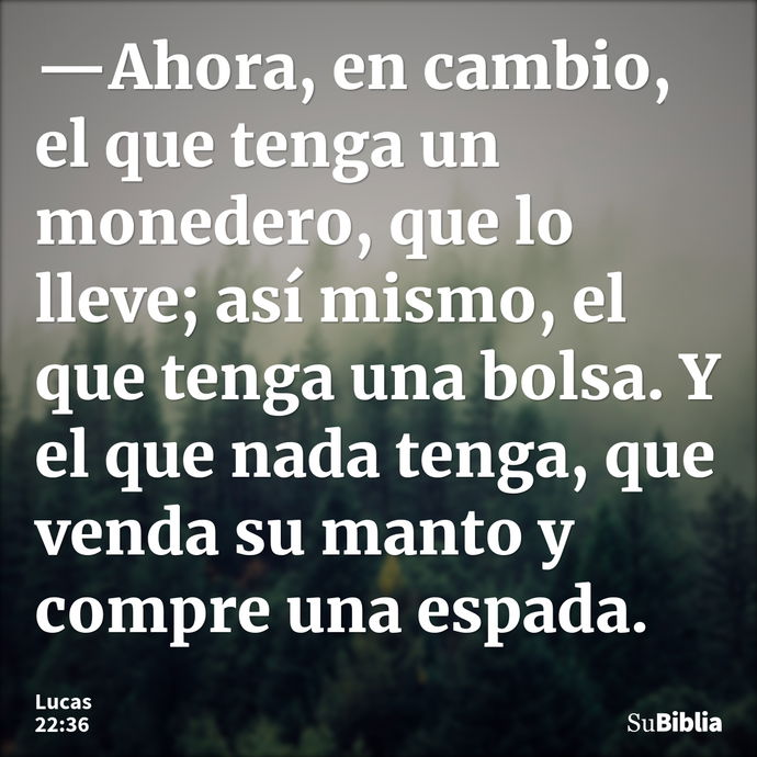 —Ahora, en cambio, el que tenga un monedero, que lo lleve; así mismo, el que tenga una bolsa. Y el que nada tenga, que venda su manto y compre una espada. --- Lucas 22:36