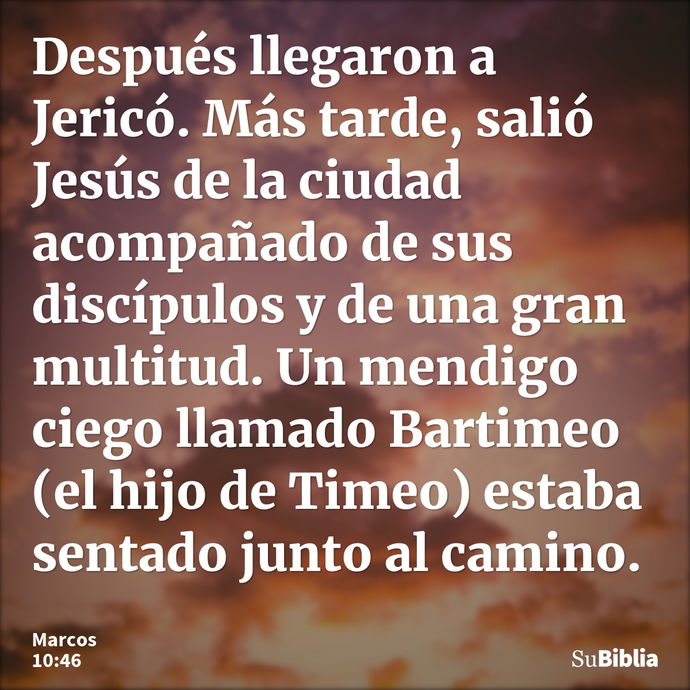 Después llegaron a Jericó. Más tarde, salió Jesús de la ciudad acompañado de sus discípulos y de una gran multitud. Un mendigo ciego llamado Bartimeo (el hijo d... --- Marcos 10:46