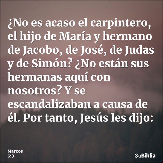 ¿No es acaso el carpintero, el hijo de María y hermano de Jacobo, de José, de Judas y de Simón? ¿No están sus hermanas aquí con nosotros? Y se escandalizaban a... --- Marcos 6:3