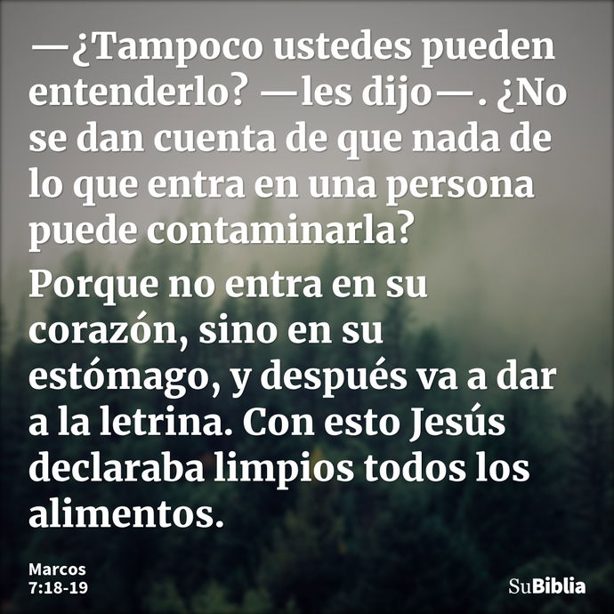 —¿Tampoco ustedes pueden entenderlo? —les dijo—. ¿No se dan cuenta de que nada de lo que entra en una persona puede contaminarla? Porque no entra en su corazón,... --- Marcos 7:18