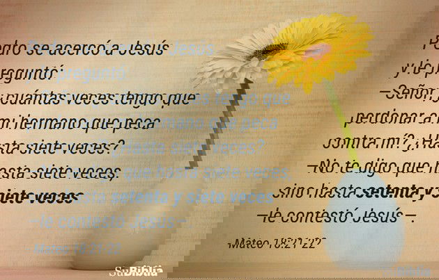 Pedro se acercó a Jesús y preguntó: —Señor, ¿cuántas veces tengo que perdonar a mi hermano que peca contra mí? ¿Hasta siete veces? 22 —No te digo que hasta siete veces, sino hasta setenta veces siete —contestó Jesús—. (Mateo 18:21-22)
