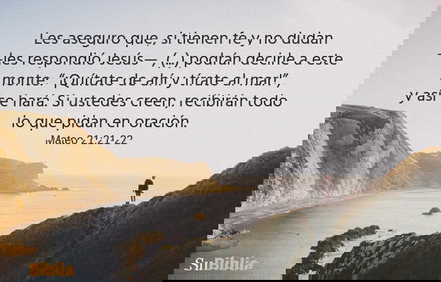Les aseguro que, si tienen fe y no dudan —les respondió Jesús—, (...) podrán decirle a este monte: “¡Quítate de ahí y tírate al mar!”, y así se hará. Si ustedes creen, recibirán todo lo que pidan en oración. (Mateo 21:21-22)