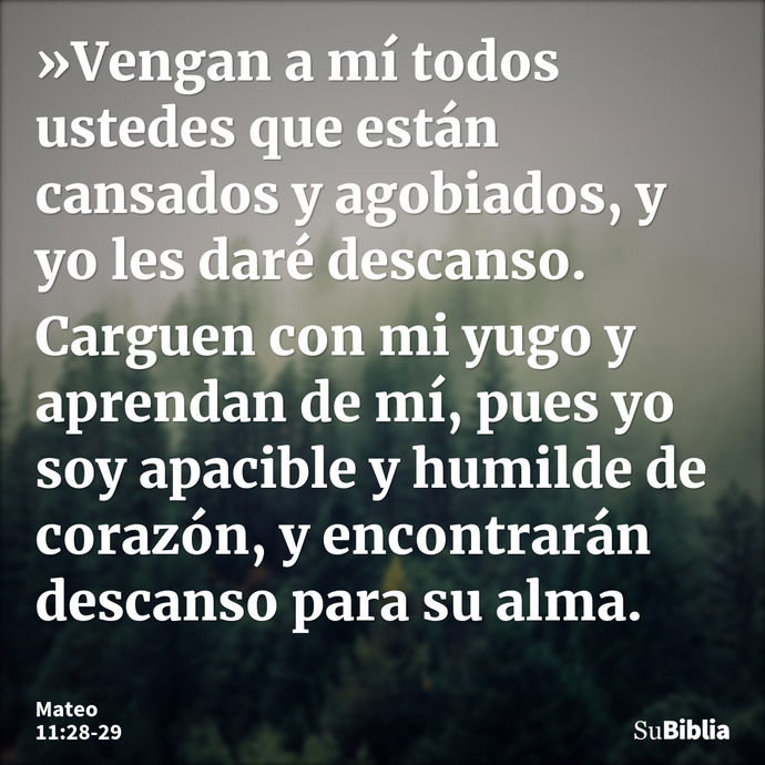 »Vengan a mí todos ustedes que están cansados y agobiados, y yo les daré descanso. Carguen con mi yugo y aprendan de mí, pues yo soy apacible y humilde de coraz... --- Mateo 11:28