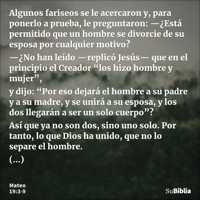 Algunos fariseos se le acercaron y, para ponerlo a prueba, le preguntaron: —¿Está permitido que un hombre se divorcie de su esposa por cualquier motivo? —¿No ha... --- Mateo 19:3