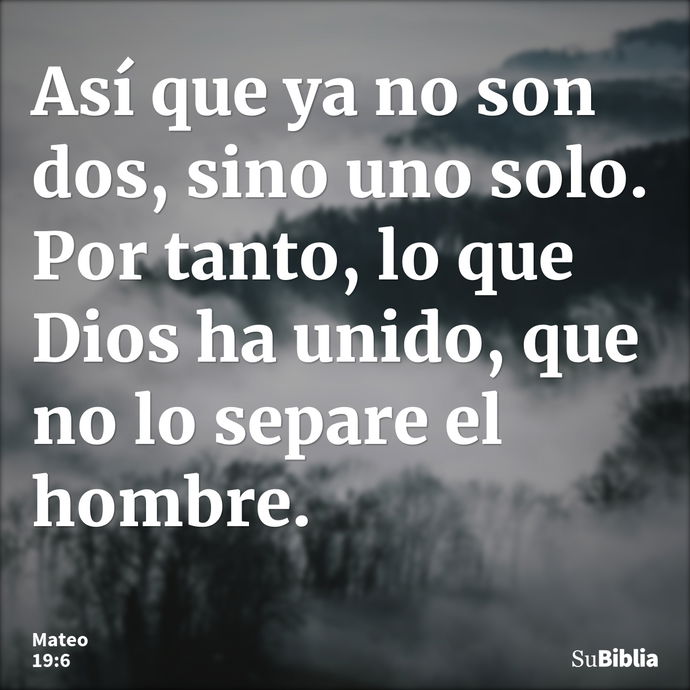 Así que ya no son dos, sino uno solo. Por tanto, lo que Dios ha unido, que no lo separe el hombre. --- Mateo 19:6