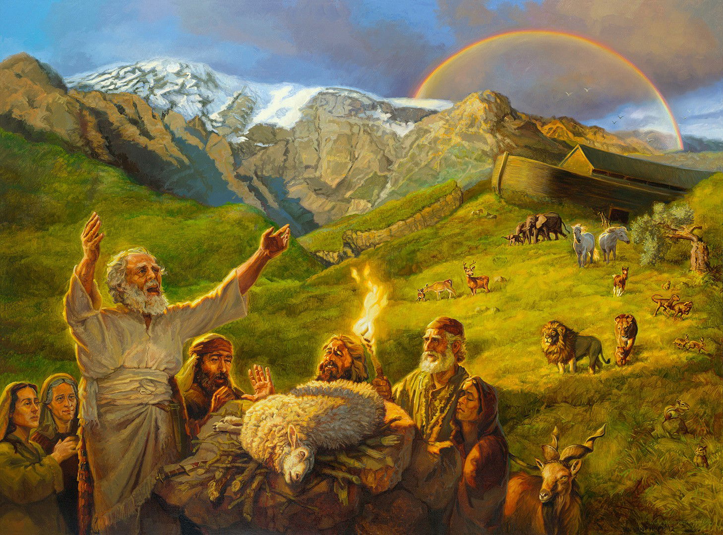 Noah's offering after the flood. Image of Noah with his family, the rainbow and the holocaust offered to God