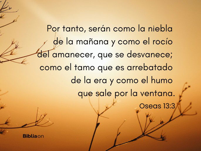 Por tanto, serán como la niebla de la mañana y como el rocío del amanecer, que se desvanece; como el tamo que es arrebatado de la era y como el humo que sale por la ventana. (Oseas 13:3)