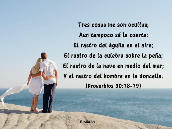 Tres cosas me son ocultas; Aun tampoco sé la cuarta: El rastro del águila en el aire; El rastro de la culebra sobre la peña; El rastro de la nave en medio del mar; Y el rastro del hombre en la doncella. (Proverbios 30:18-19)