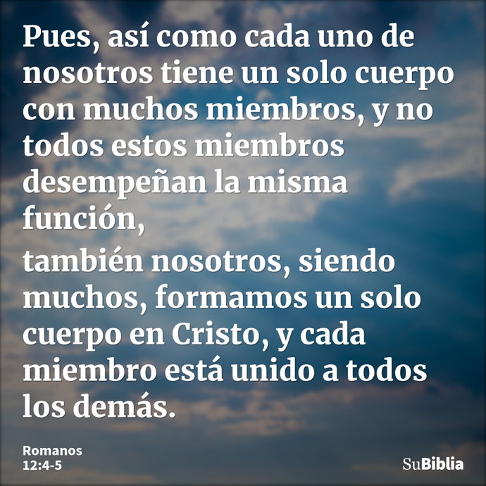 Pues, así como cada uno de nosotros tiene un solo cuerpo con muchos miembros, y no todos estos miembros desempeñan la misma función, también nosotros, siendo mu... --- Romanos 12:4