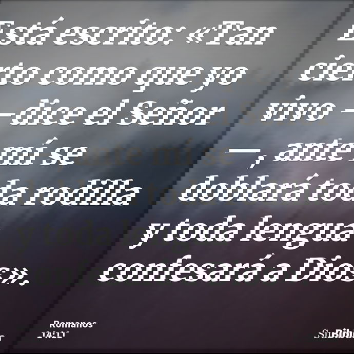 Está escrito: «Tan cierto como que yo vivo —dice el Señor—, ante mí se doblará toda rodilla y toda lengua confesará a Dios». --- Romanos 14:11