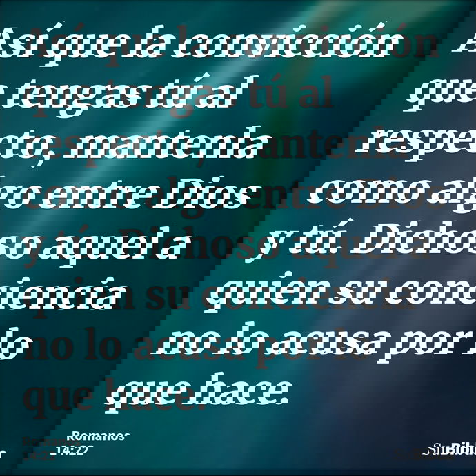 Así que la convicción que tengas tú al respecto, mantenla como algo entre Dios y tú. Dichoso aquel a quien su conciencia no lo acusa por lo que hace. --- Romanos 14:22