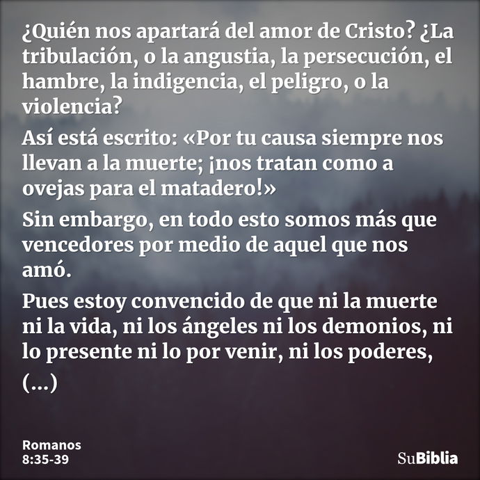 ¿Quién nos apartará del amor de Cristo? ¿La tribulación, o la angustia, la persecución, el hambre, la indigencia, el peligro, o la violencia? Así está escrito:... --- Romanos 8:35