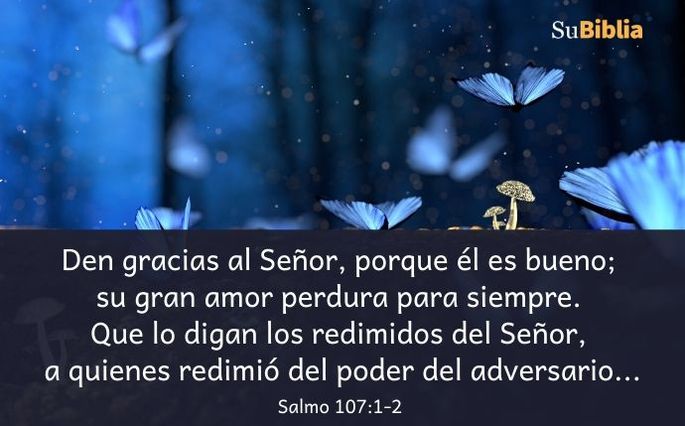 Den gracias al Señor, porque él es bueno; su gran amor perdura para siempre. Que lo digan los redimidos del Señor, a quienes redimió del poder del adversario... (Salmo 107:1-2)